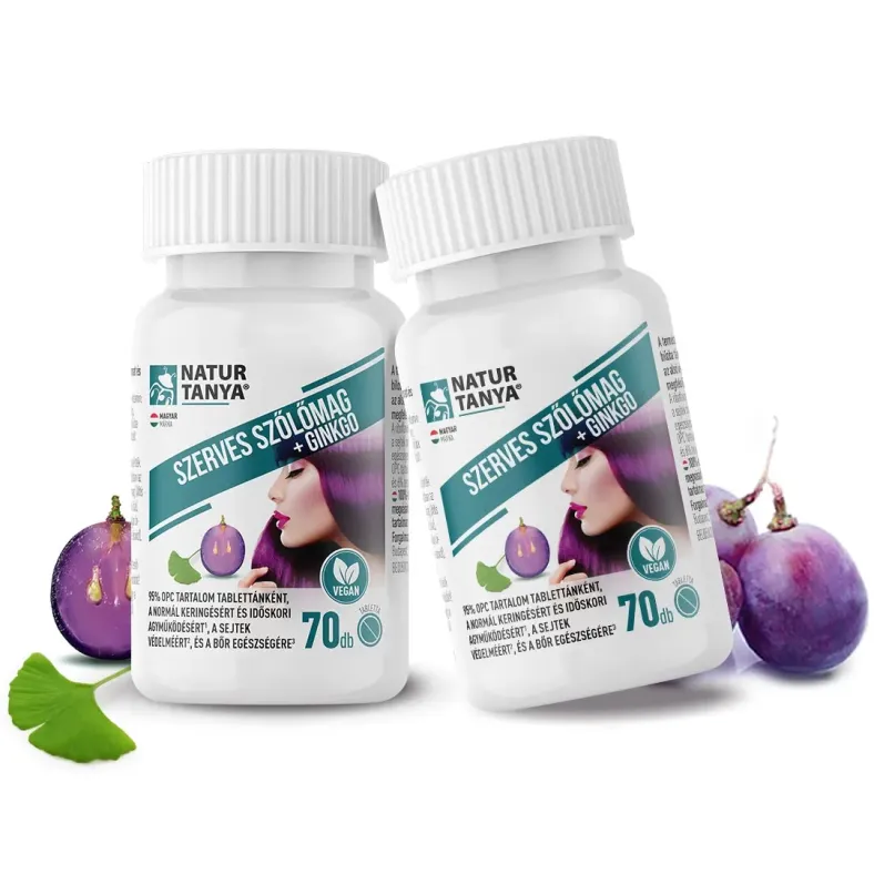  Szerves, vegán szőlőmag és Ginkgo. 1 tablettában 95% OPC, 24% flavon glikozid és 6% terpén lakton! DUOPACK. -10% kedvezm
