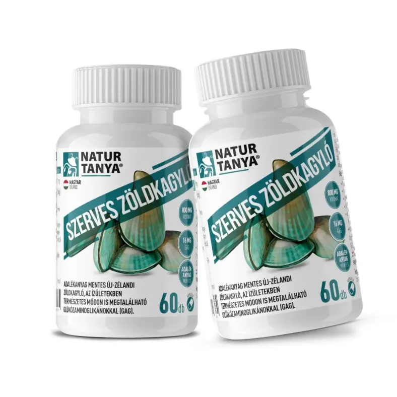 Natur Tanya szerves új-zélandi zöldkagyló kapszula DUOPACK. 800 mg zöldkagyló kivonat, 16 mg glükozaminoglikánokkal, ada