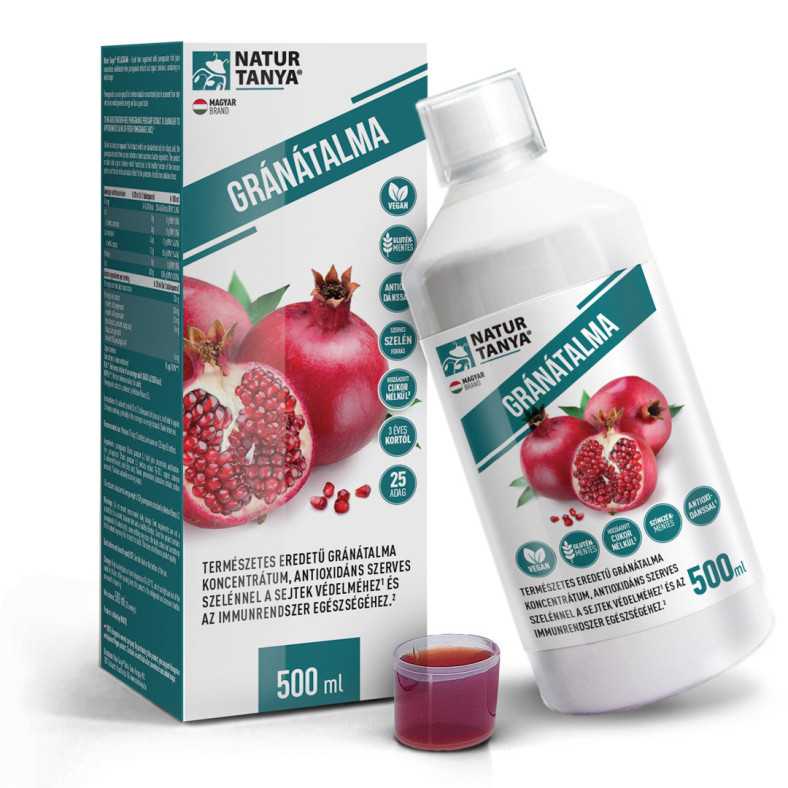 Gránátalma gyümölcslé koncentrátum, hamisításmentes gránátalma kivonat és szerves szelén, hozzáadott cukor nélkül.