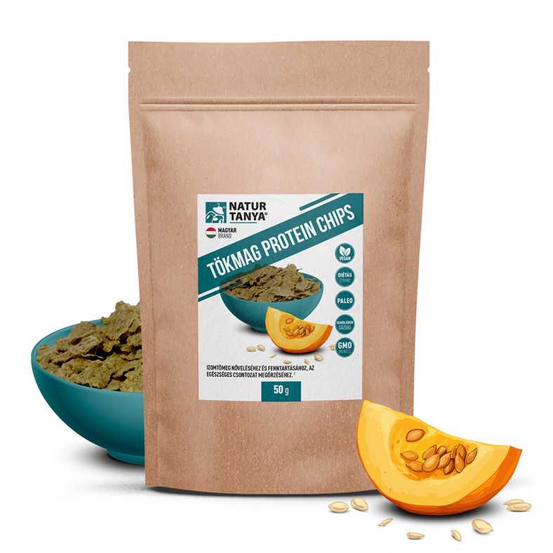 A Natur Tanya® Tökmag Protein Chips 100%-ban hidegen sajtolt héjnélküli tökmagból