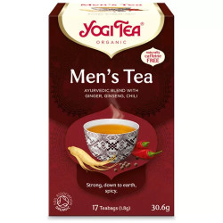 Férfiaknak bio, koffeinmentes ajurvédikus gyógynövény- és fűszertea gyömbérrel, ginzenggel, chilivel és szerecsendióval.