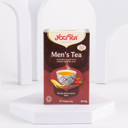 Férfiaknak bio, koffeinmentes ajurvédikus gyógynövény- és fűszertea gyömbérrel, ginzenggel, chilivel és szerecsendióval.
