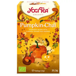 YOGI® Pumpkin Chai bio sütőtökös chai tea gyömbérrel, naranccsal és klasszikus chai fűszerekkel.