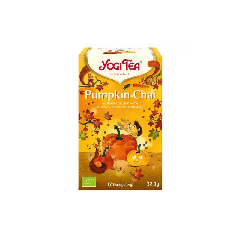 YOGI® Pumpkin Chai bio sütőtökös chai tea gyömbérrel, naranccsal és klasszikus chai fűszerekkel.