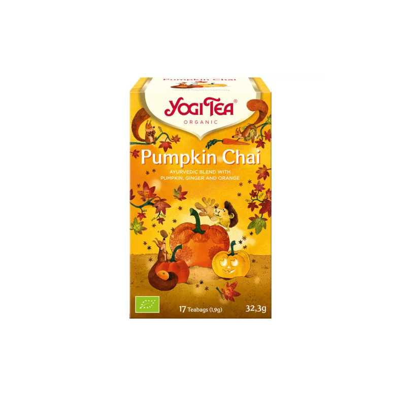 YOGI® Pumpkin Chai bio sütőtökös chai tea gyömbérrel, naranccsal és klasszikus chai fűszerekkel.