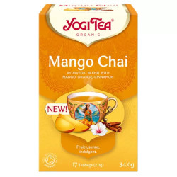 Yogi® Mangó Chai bio tea ajurvédikus fűszer- és gyümölcskeverék mangóval, naranccsal és fahéjjal.