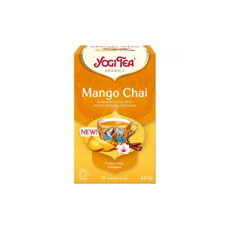 Yogi® Mangó Chai bio tea ajurvédikus fűszer- és gyümölcskeverék mangóval, naranccsal és fahéjjal.